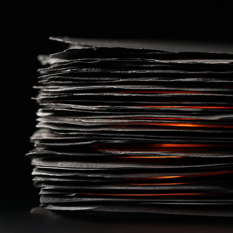 Thin black layers stacked like files, warm light between them