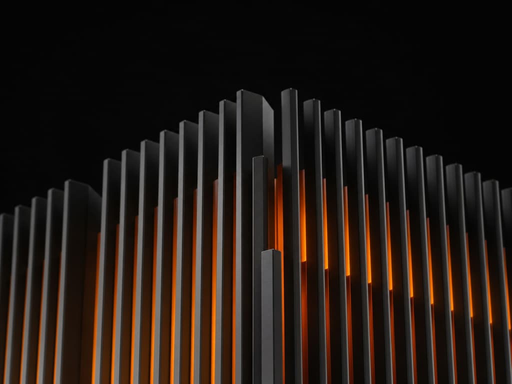 Machined black fins with warm light glowing between them