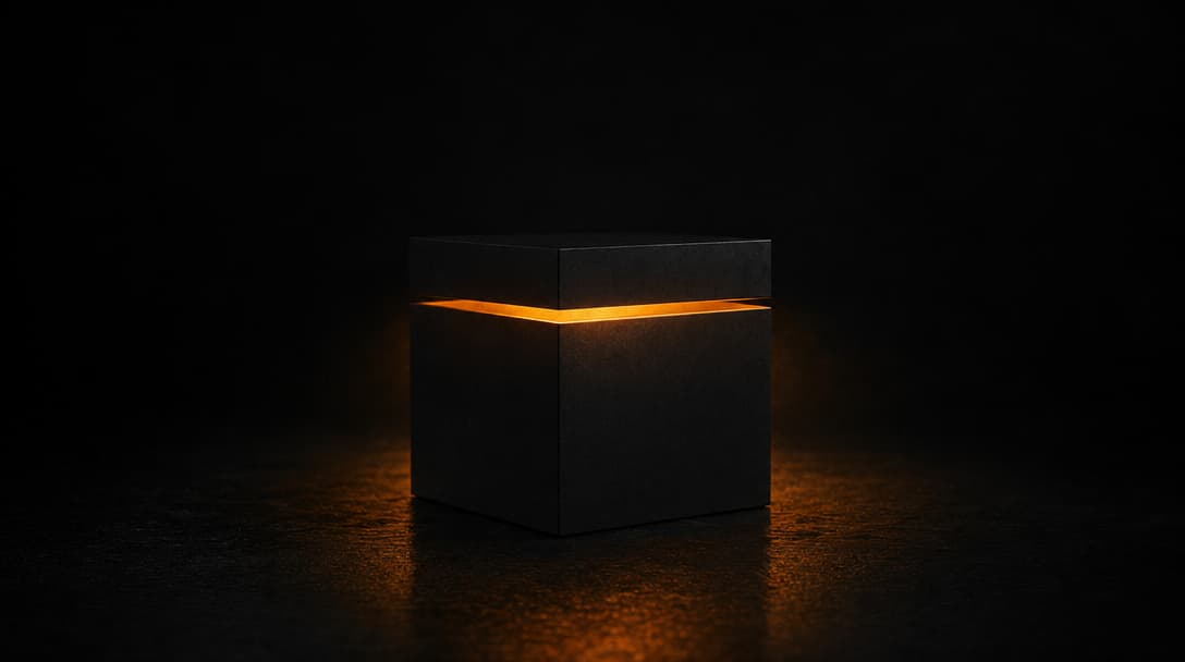 A matte black case opened a crack, warm light escaping the seam