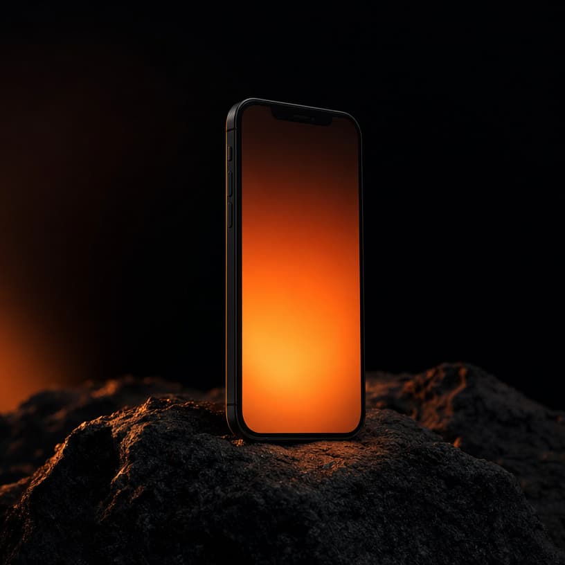 A phone standing on dark stone, its screen glowing warmly