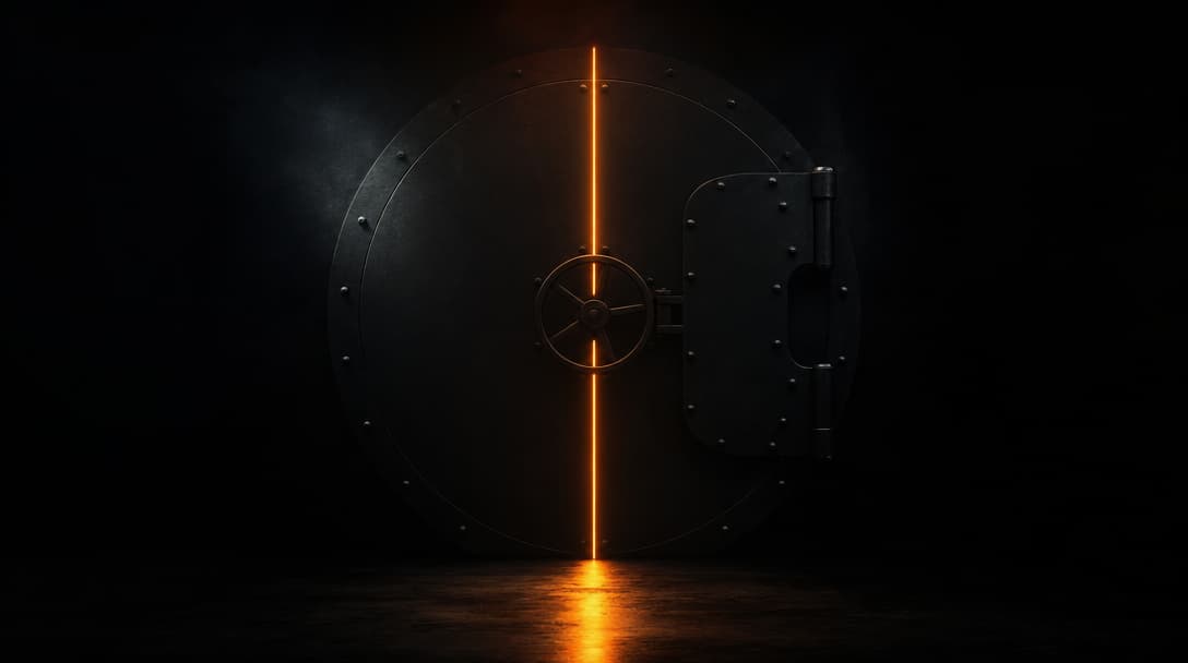 A black vault door with a single glowing ember seam down its center